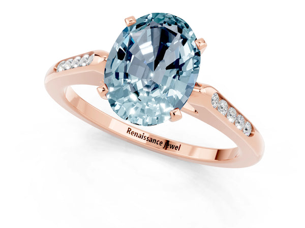 Rose gold Oval Cut Aquamarine Solitaire Ring with Channel Set Round Band and Prong Setting