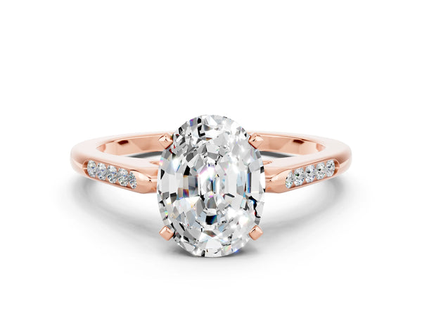 Rose gold Oval Cut Moissanite Solitaire Ring with Channel Set Round Band and Prong Setting