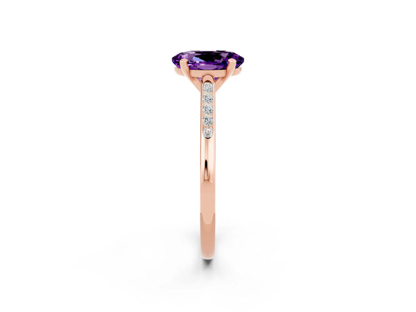 Rose gold Oval Cut Amethyst Solitaire Ring with Channel Set Round Band and Prong Setting