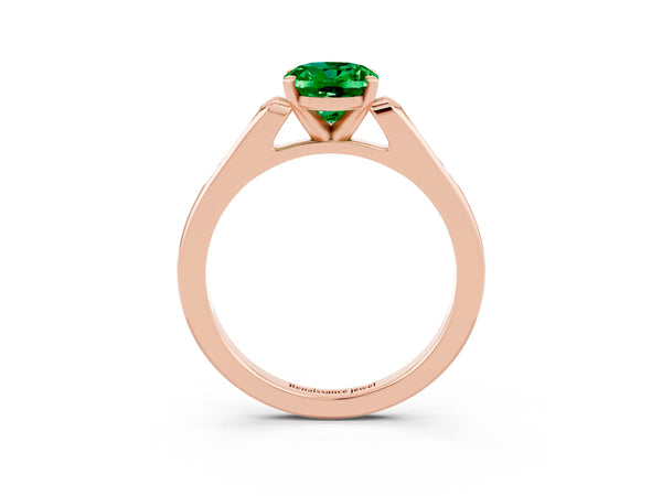 Rose gold Oval Cut Emerald Solitaire Ring with Channel Set Round Band and Prong Setting