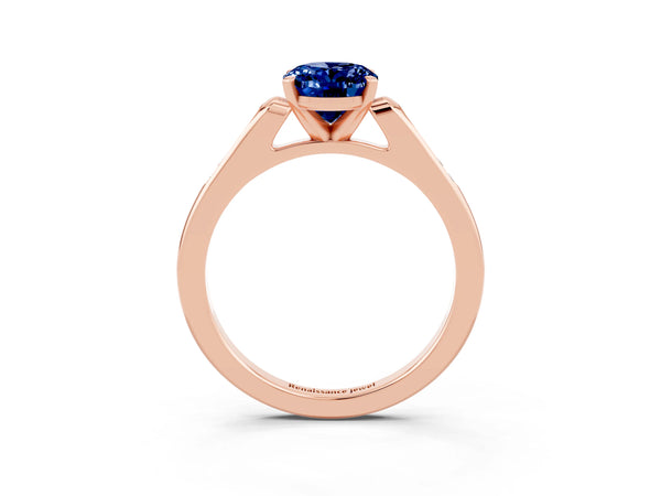 Rose gold Oval Cut Blue Sapphire Solitaire Ring with Channel Set Round Band and Prong Setting