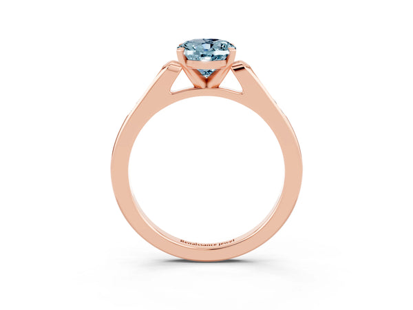 Rose gold Oval Cut Aquamarine Solitaire Ring with Channel Set Round Band and Prong Setting