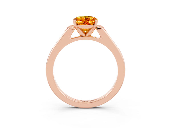 Rose gold Oval Cut Citrine Solitaire Ring with Channel Set Round Band and Prong Setting