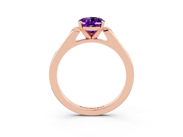 Rose gold Oval Cut Amethyst Solitaire Ring with Channel Set Round Band and Prong Setting
