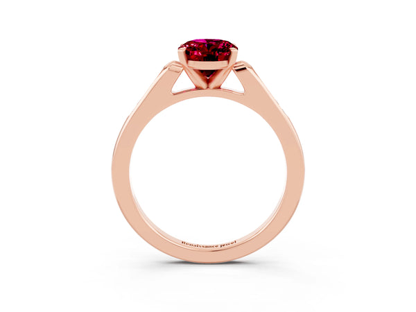 Rose gold Oval Cut Garnet Solitaire Ring with Channel Set Round Band and Prong Setting