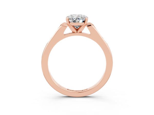 Rose gold Oval Cut Moissanite Solitaire Ring with Channel Set Round Band and Prong Setting