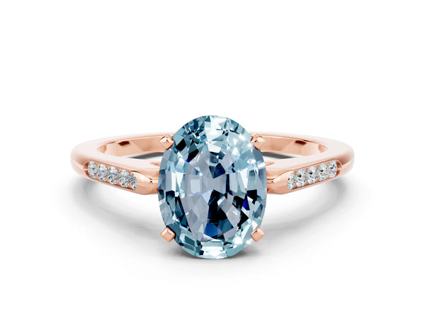Rose gold Oval Cut Aquamarine Solitaire Ring with Channel Set Round Band and Prong Setting