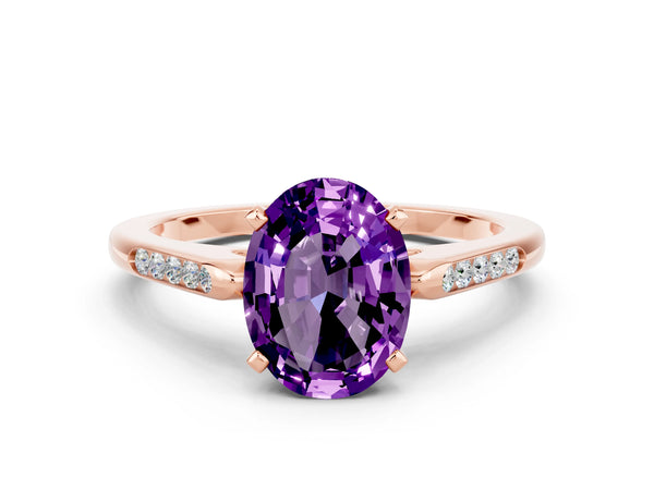 Rose gold Oval Cut Amethyst Solitaire Ring with Channel Set Round Band and Prong Setting
