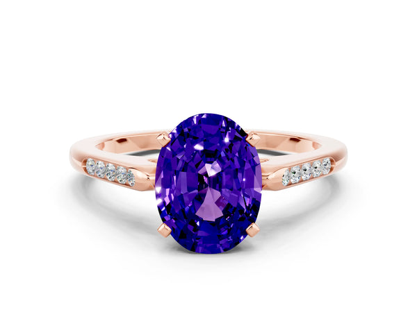 Rose gold Oval Cut Tanzanite Solitaire Ring with Channel Set Round Band and Prong Setting