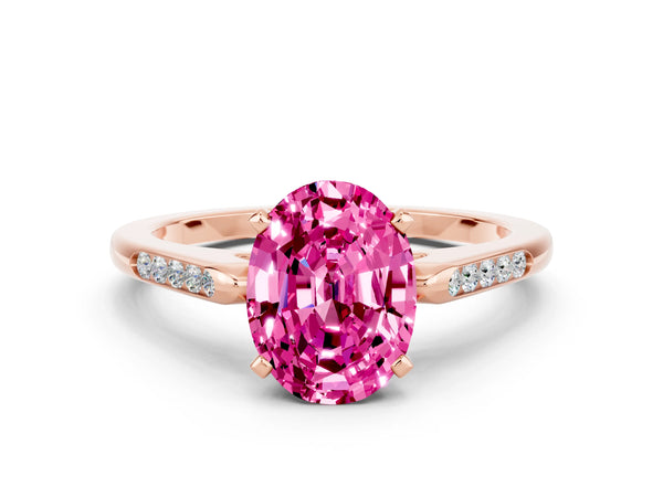 Rose gold Oval Cut Pink Sapphire Solitaire Ring with Channel Set Round Band and Prong Setting