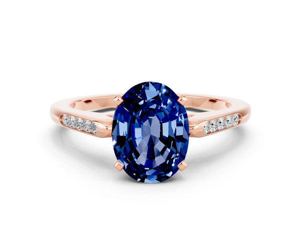 Rose gold Oval Cut Blue Sapphire Solitaire Ring with Channel Set Round Band and Prong Setting