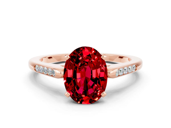 Rose gold Oval Cut Ruby Solitaire Ring with Channel Set Round Band and Prong Setting