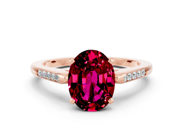 Rose gold Oval Cut Garnet Solitaire Ring with Channel Set Round Band and Prong Setting