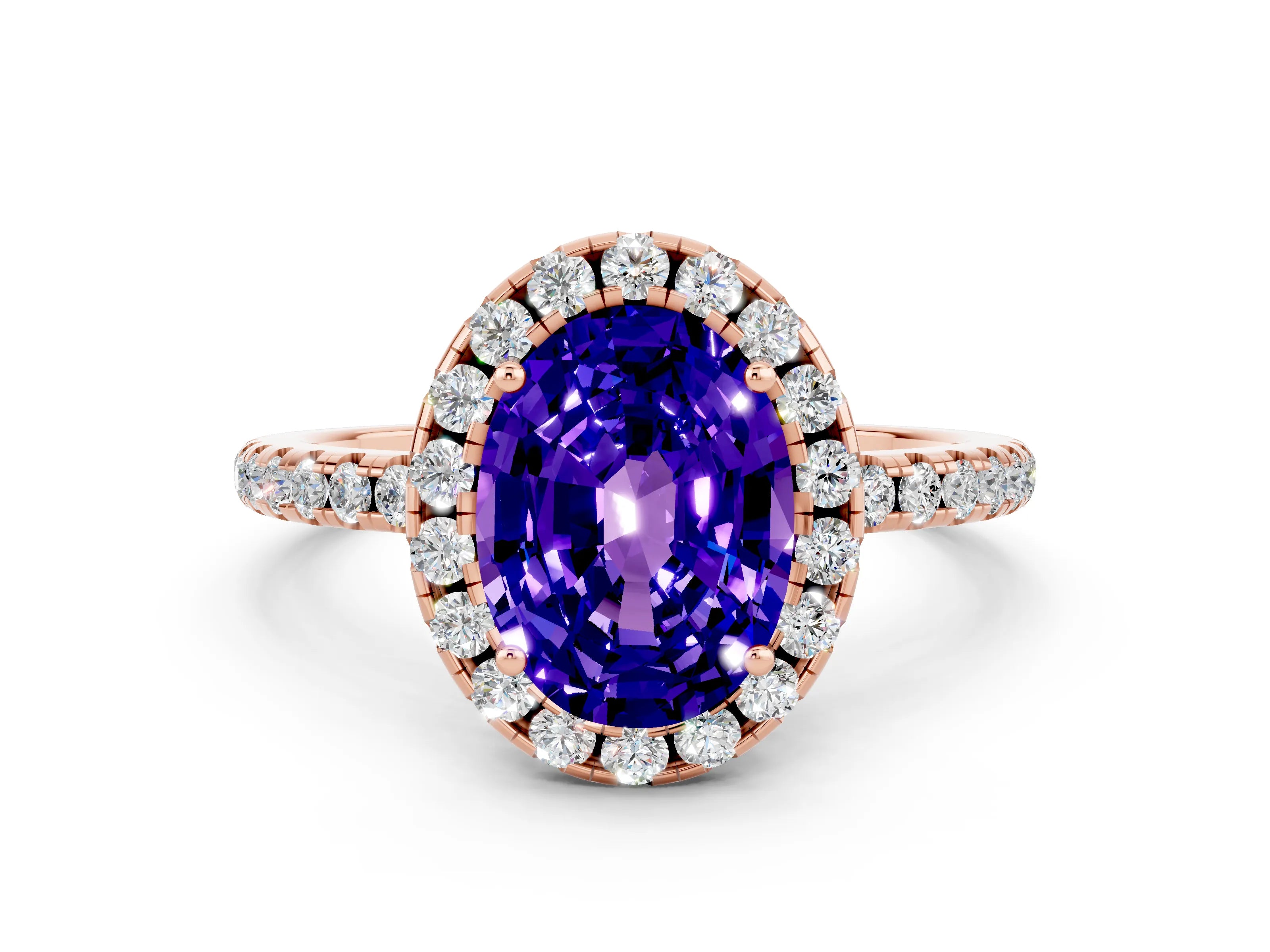 Rose gold Oval Cut Cut Diamond Floral Halo Engagement Ring with Pavé Band and Prong Setting