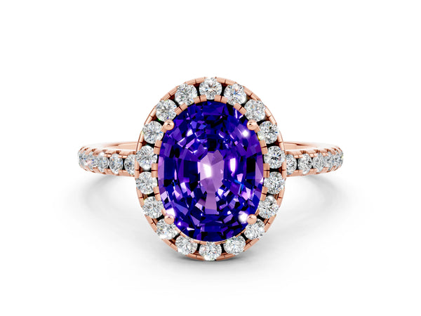 Rose gold Oval Cut Tanzanite Halo Engagement Ring with Round Pavé Band and Prong Setting
