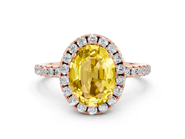 Rose gold Oval Cut Yellow Sapphire Halo Engagement Ring with Round Pavé Band and Prong Setting