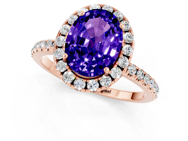 Rose gold Oval Cut Tanzanite Halo Engagement Ring with Round Pavé Band and Prong Setting