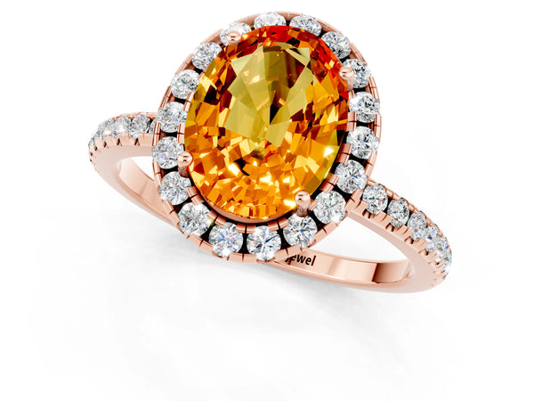 Rose gold Oval Cut Citrine Halo Engagement Ring with Round Pavé Band and Prong Setting