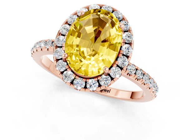 Rose gold Oval Cut Yellow Sapphire Halo Engagement Ring with Round Pavé Band and Prong Setting