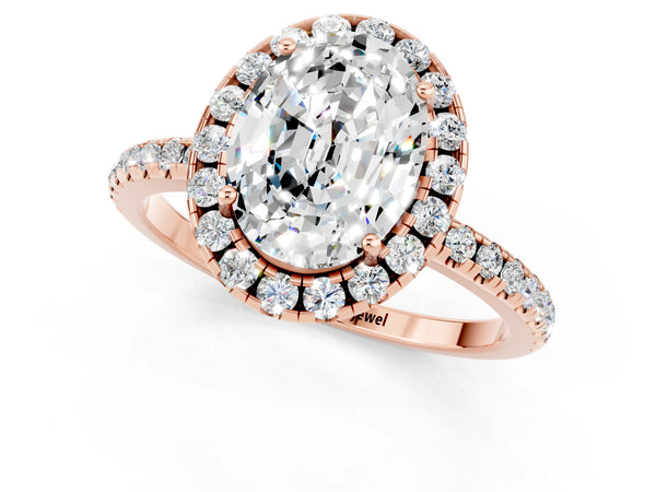 Rose gold Oval Cut Moissanite Halo Engagement Ring with Round Pavé Band and Prong Setting
