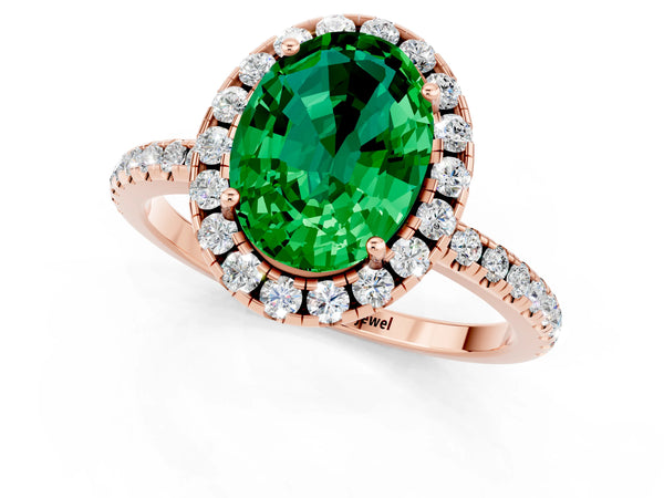Rose gold Oval Cut Emerald Halo Engagement Ring with Round Pavé Band and Prong Setting