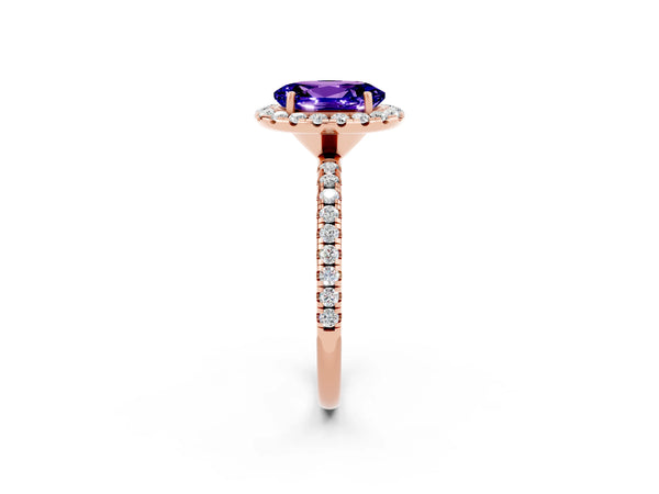 Rose gold Oval Cut Tanzanite Halo Engagement Ring with Round Pavé Band and Prong Setting