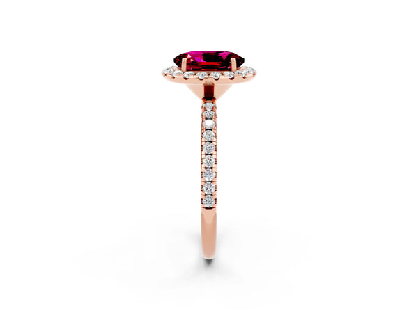 Rose gold Oval Cut Garnet Halo Engagement Ring with Round Pavé Band and Prong Setting