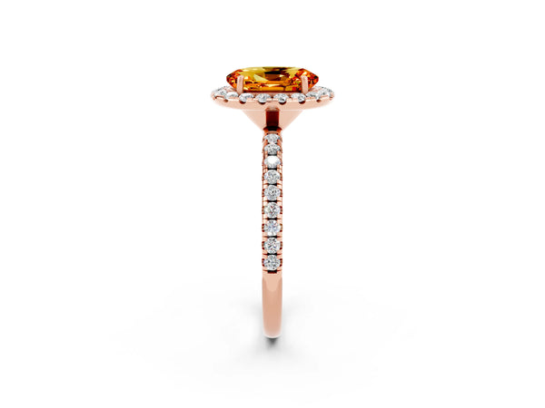 Rose gold Oval Cut Citrine Halo Engagement Ring with Round Pavé Band and Prong Setting