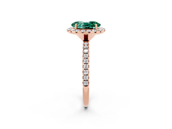 Rose gold Oval Cut Green Sapphire Halo Engagement Ring with Round Pavé Band and Prong Setting