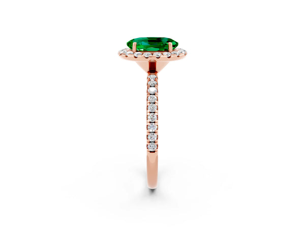 Rose gold Oval Cut Emerald Halo Engagement Ring with Round Pavé Band and Prong Setting