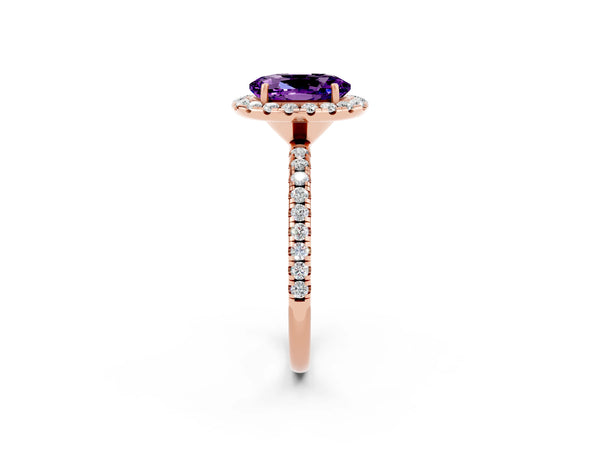 Rose gold Oval Cut Amethyst Halo Engagement Ring with Round Pavé Band and Prong Setting