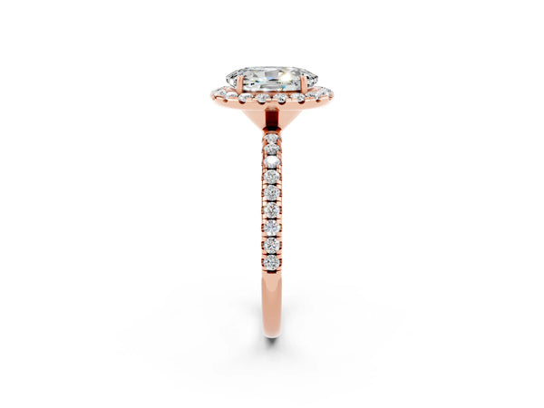 Rose gold Oval Cut Moissanite Halo Engagement Ring with Round Pavé Band and Prong Setting