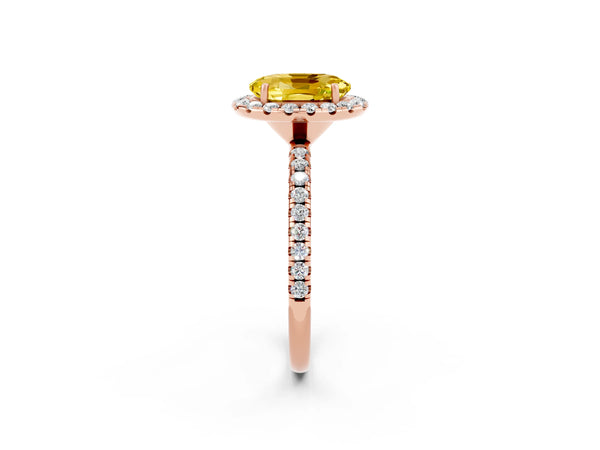 Rose gold Oval Cut Yellow Sapphire Halo Engagement Ring with Round Pavé Band and Prong Setting