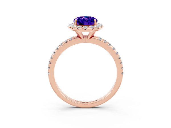 Rose gold Oval Cut Tanzanite Halo Engagement Ring with Round Pavé Band and Prong Setting