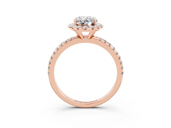 Rose gold Oval Cut Moissanite Halo Engagement Ring with Round Pavé Band and Prong Setting