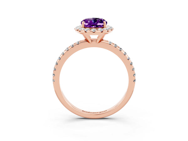 Rose gold Oval Cut Amethyst Halo Engagement Ring with Round Pavé Band and Prong Setting