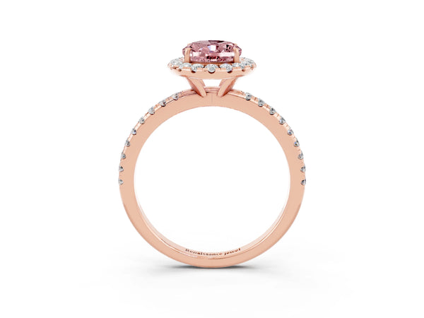 Rose gold Oval Cut Cut Diamond Floral Halo Engagement Ring with Pavé Band and Prong Setting