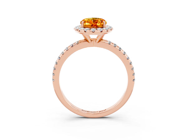 Rose gold Oval Cut Citrine Halo Engagement Ring with Round Pavé Band and Prong Setting