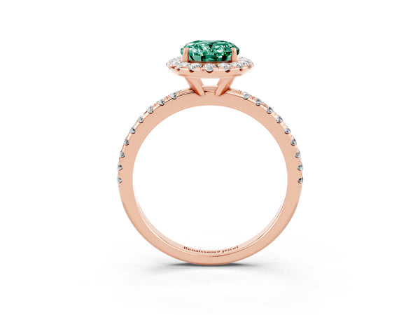 Rose gold Oval Cut Green Sapphire Halo Engagement Ring with Round Pavé Band and Prong Setting