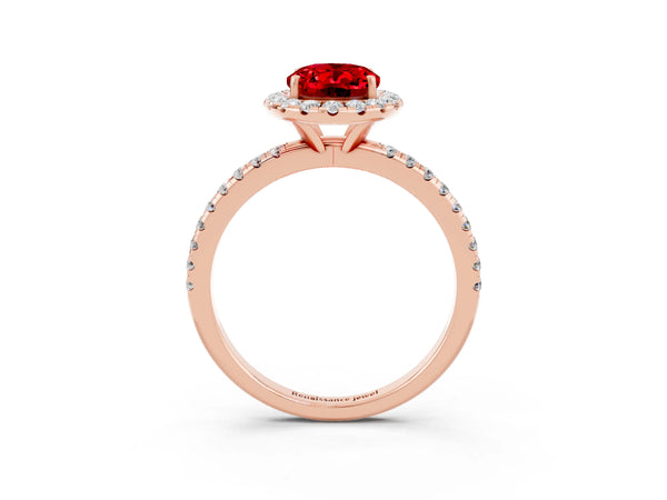 Rose gold Oval Cut Cut Diamond Floral Halo Engagement Ring with Pavé Band and Prong Setting