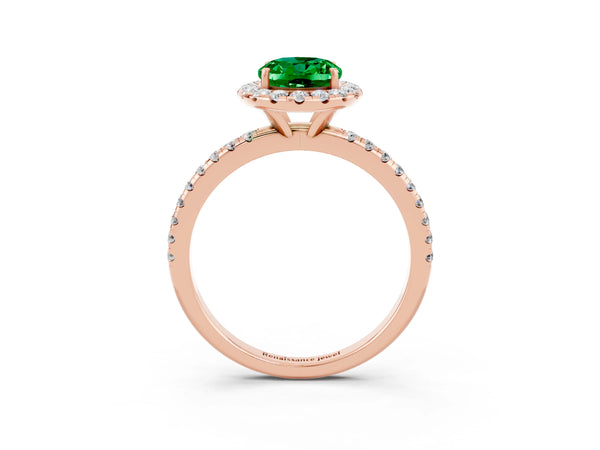 Rose gold Oval Cut Emerald Halo Engagement Ring with Round Pavé Band and Prong Setting