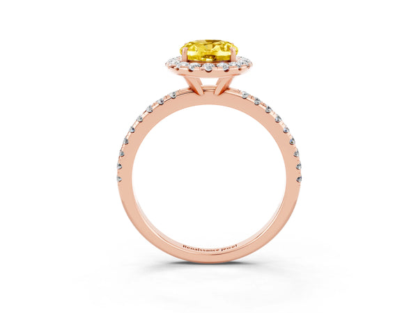 Rose gold Oval Cut Yellow Sapphire Halo Engagement Ring with Round Pavé Band and Prong Setting