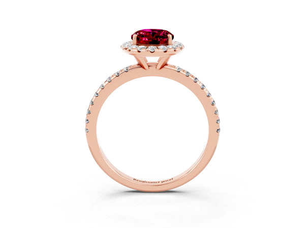 Rose gold Oval Cut Garnet Halo Engagement Ring with Round Pavé Band and Prong Setting