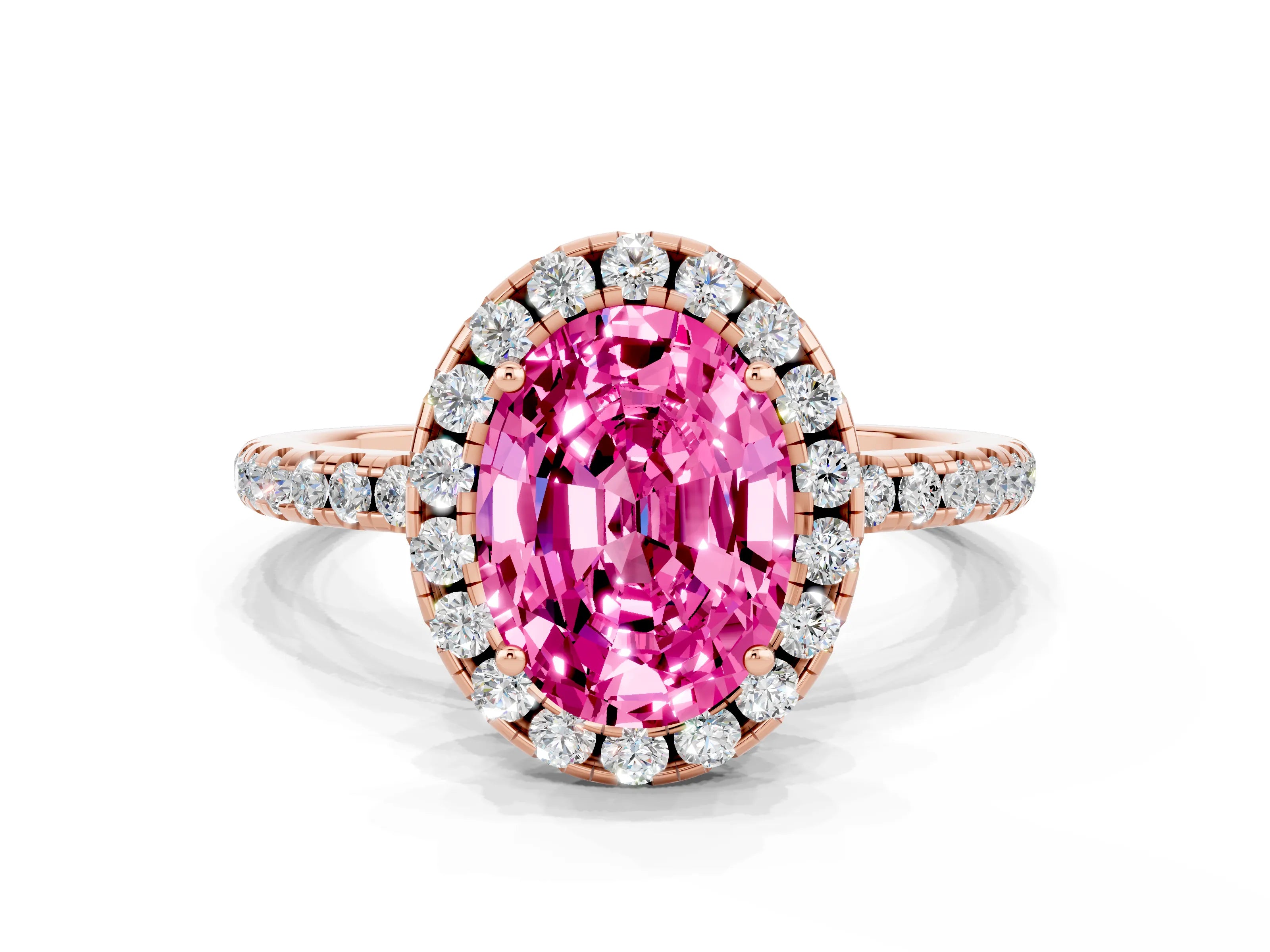 Rose gold Oval Cut Cut Diamond Floral Halo Engagement Ring with Pavé Band and Prong Setting