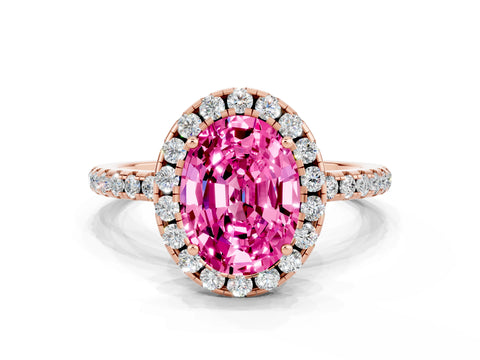 Rose gold Oval Cut Cut Diamond Floral Halo Engagement Ring with Pavé Band and Prong Setting