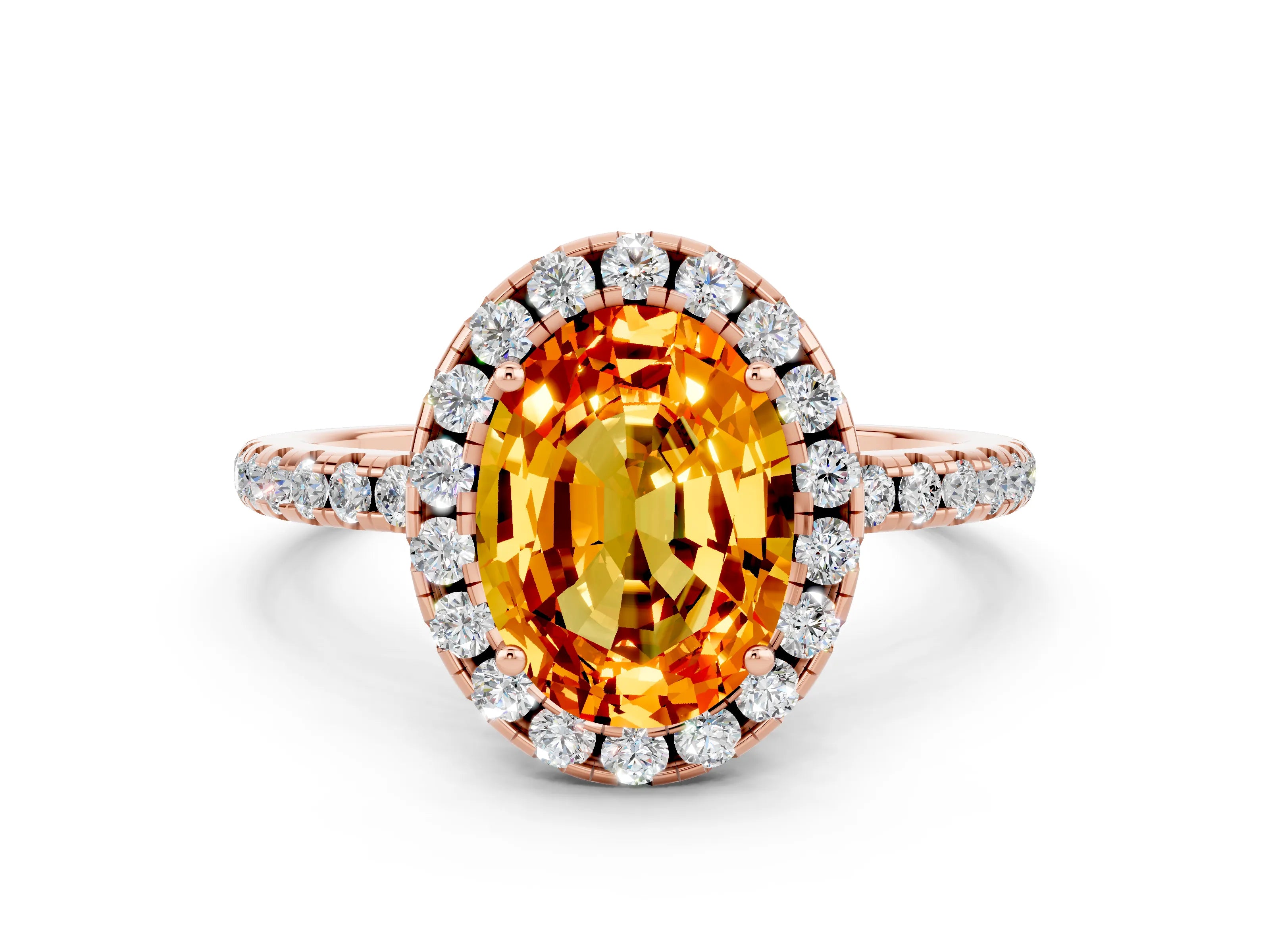 Rose gold Oval Cut Cut Diamond Floral Halo Engagement Ring with Pavé Band and Prong Setting