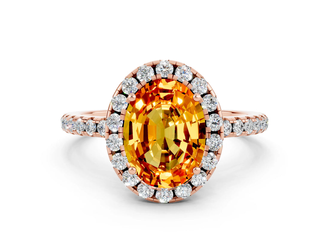 Rose gold Oval Cut Cut Diamond Floral Halo Engagement Ring with Pavé Band and Prong Setting