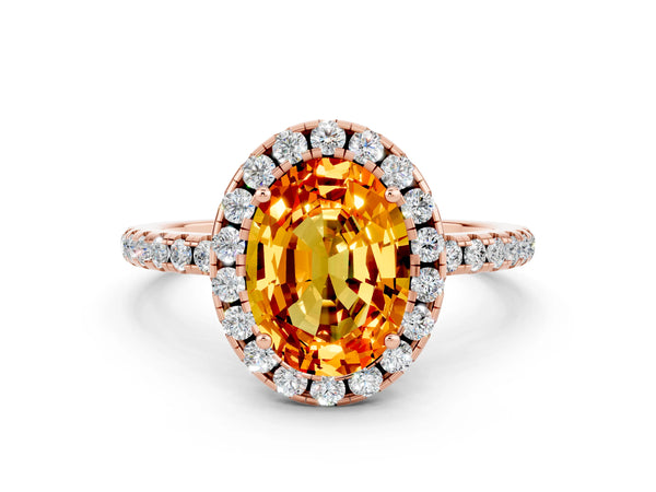 Rose gold Oval Cut Citrine Halo Engagement Ring with Round Pavé Band and Prong Setting