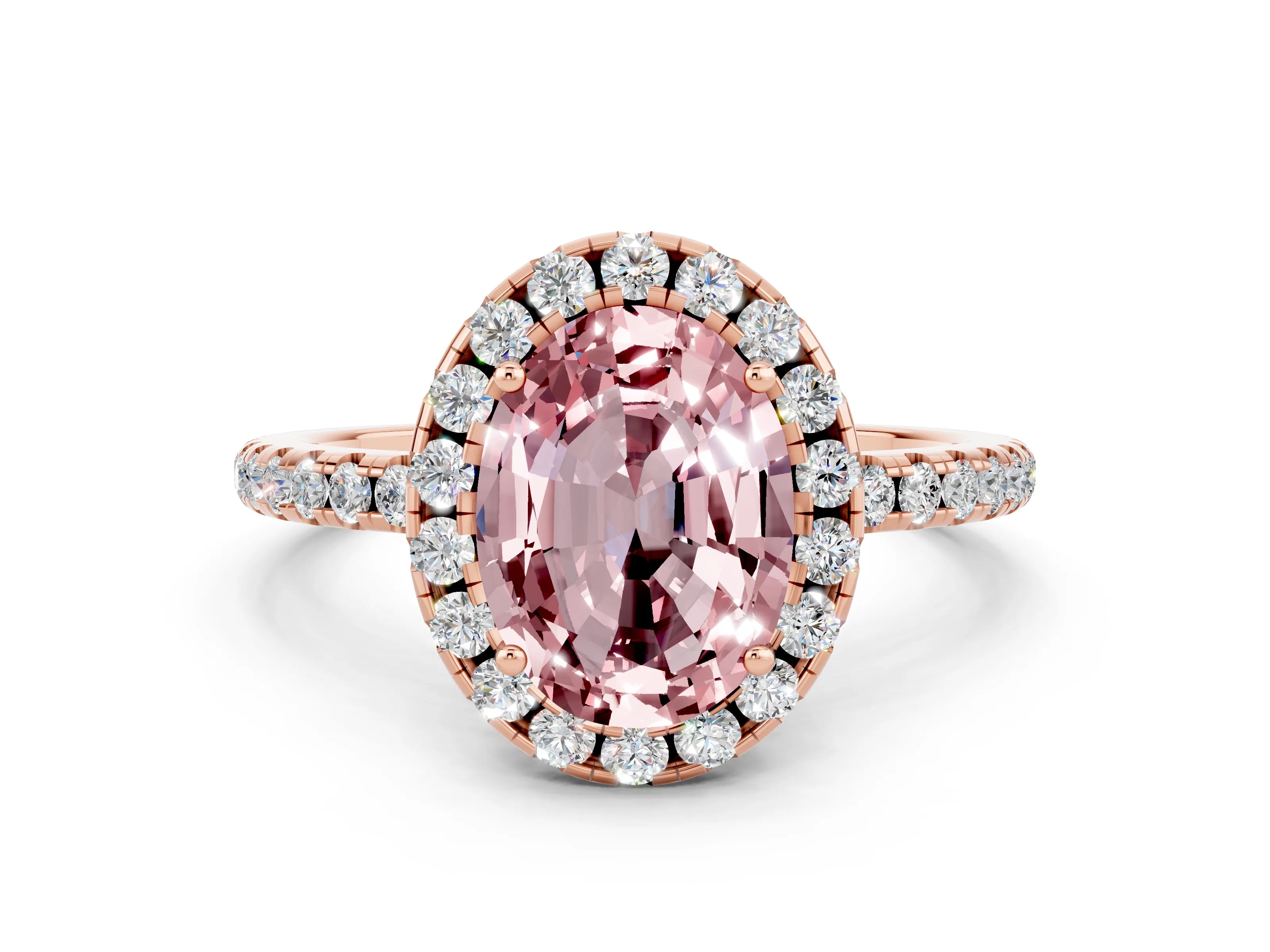 Rose gold Oval Cut Cut Diamond Floral Halo Engagement Ring with Pavé Band and Prong Setting