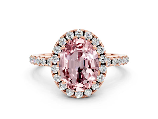 Rose gold Oval Cut Cut Diamond Floral Halo Engagement Ring with Pavé Band and Prong Setting